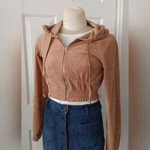 Cropped Zip-Up Hoodie in Camel